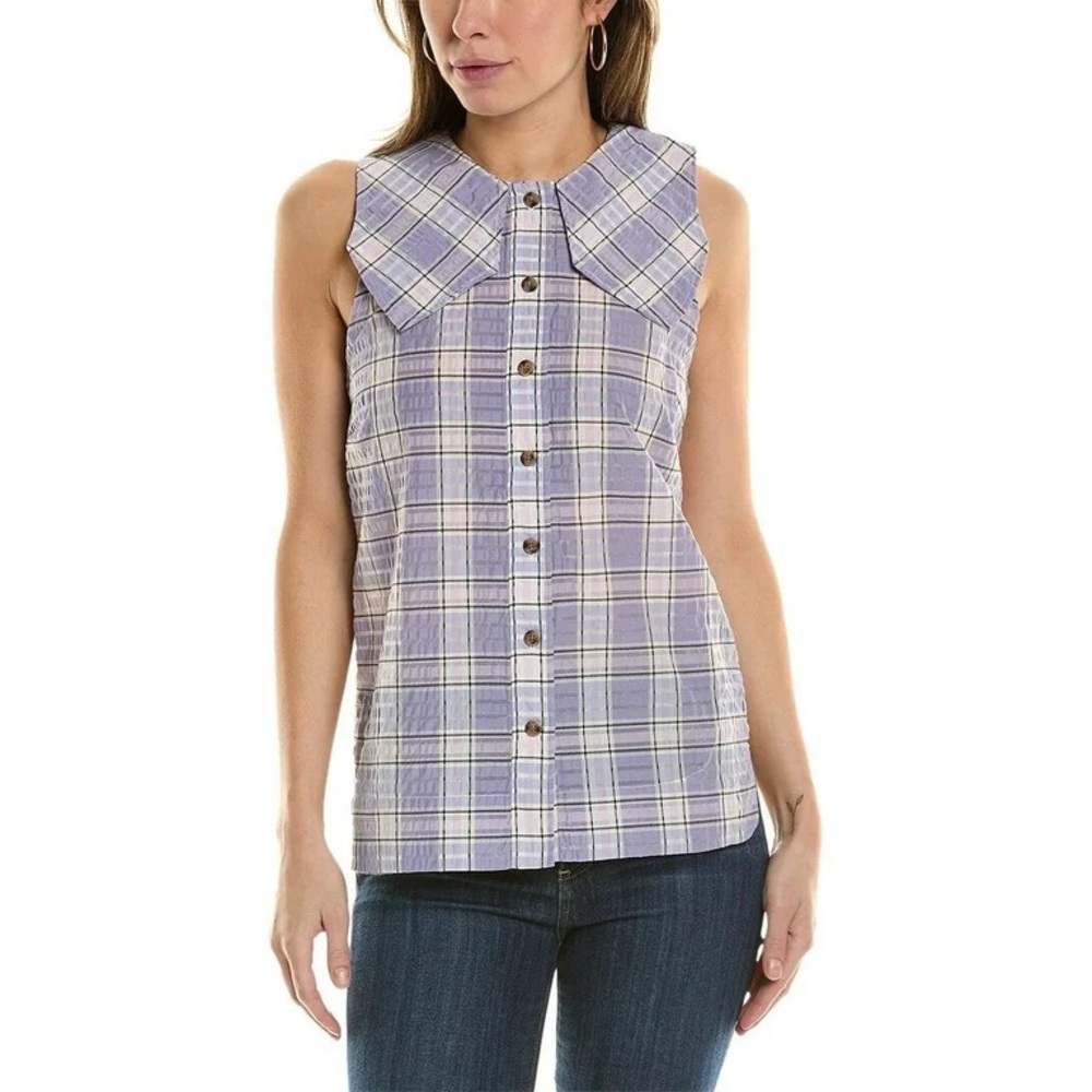 Northern Reflections purple white plaid button up sleeveless blouse larg…